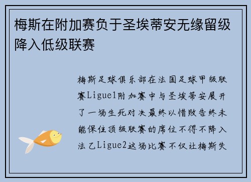 梅斯在附加赛负于圣埃蒂安无缘留级降入低级联赛